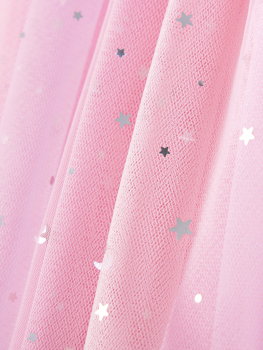 Girls'short-sleeved Sequined Star Rainbow Tulle dress
