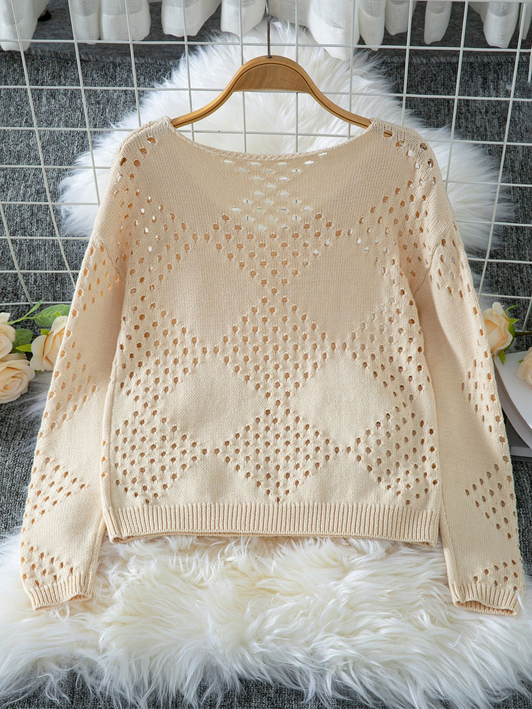 Women's hollow off-shoulder long sleeve cozy knitted sweater