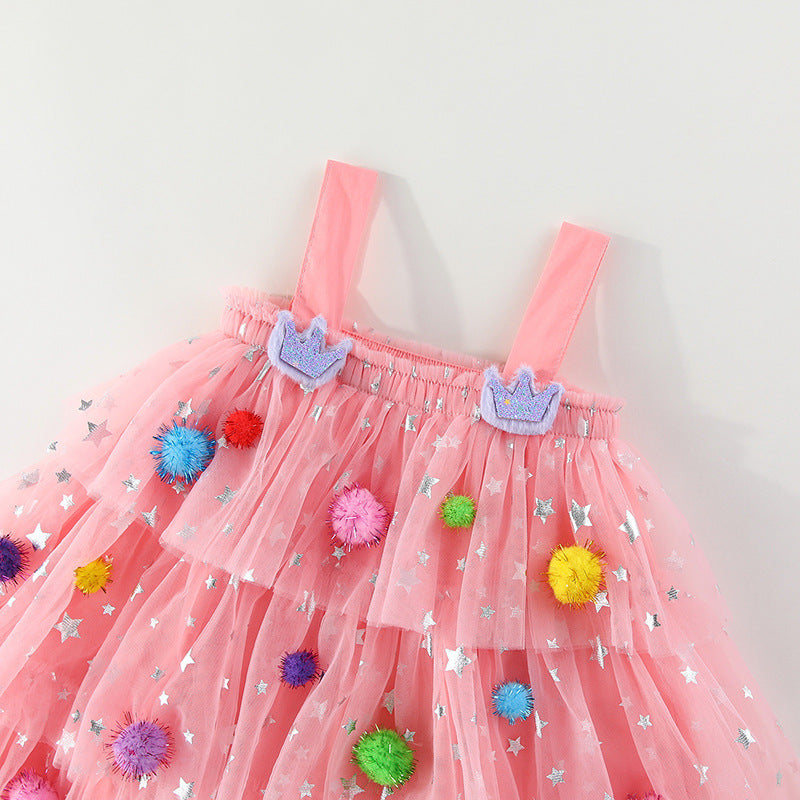 Colorful POM-POMS Glitter Stars mesh cake dress