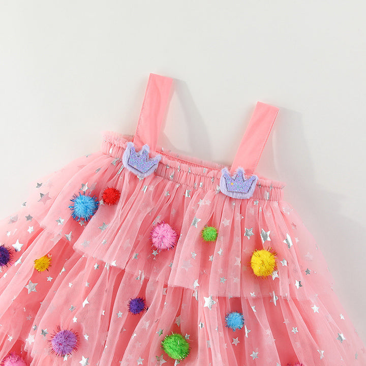 Colorful POM-POMS Glitter Stars mesh cake dress