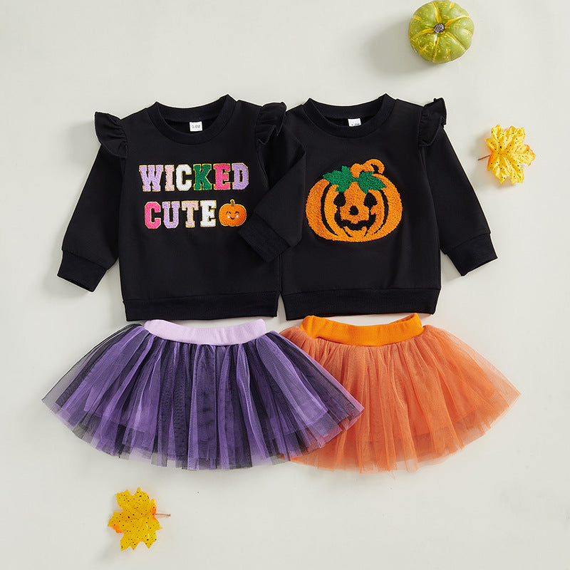 Halloween Girls Sweet Pumpkin Embroidered Top&Mesh Skirt set