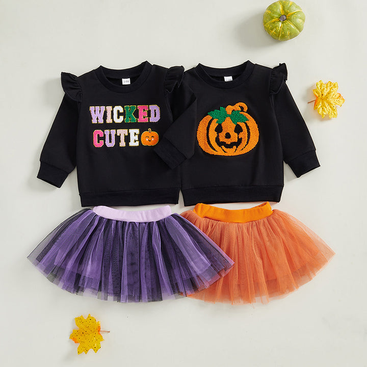 Halloween Girls Sweet Pumpkin Embroidered Top&Mesh Skirt set