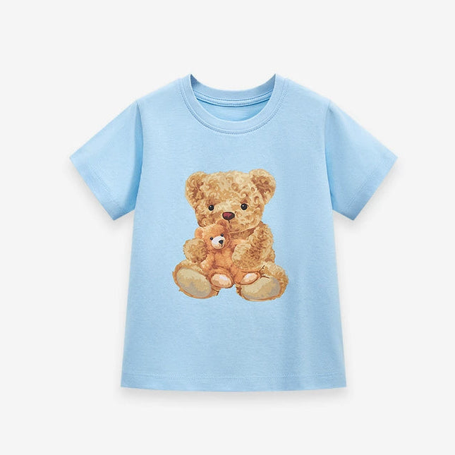 Boys' blue cotton T-shirt with bear printed
