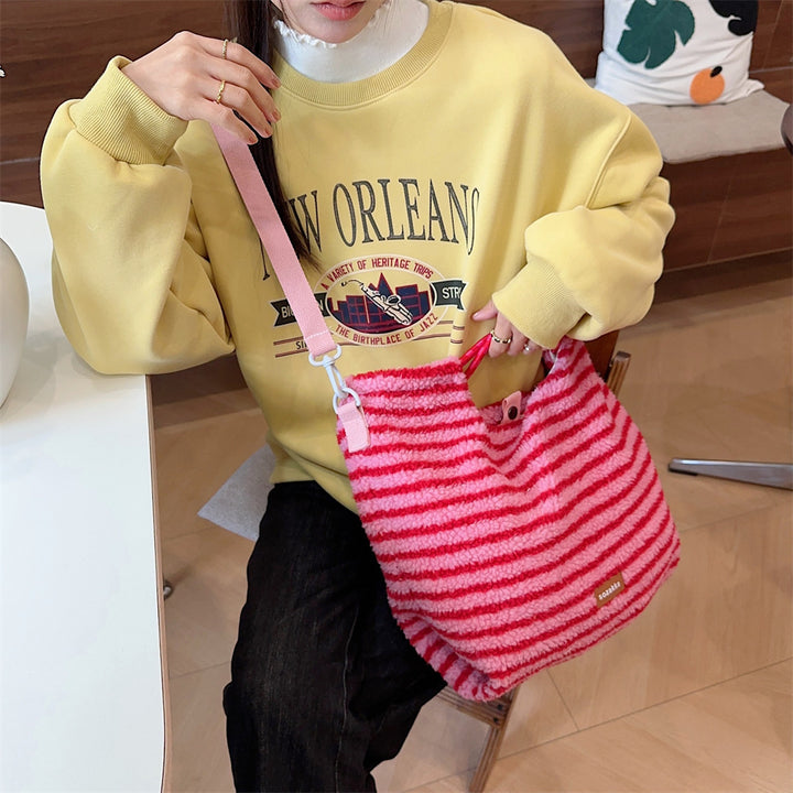 Striped plush large capacity shoulder tote bag