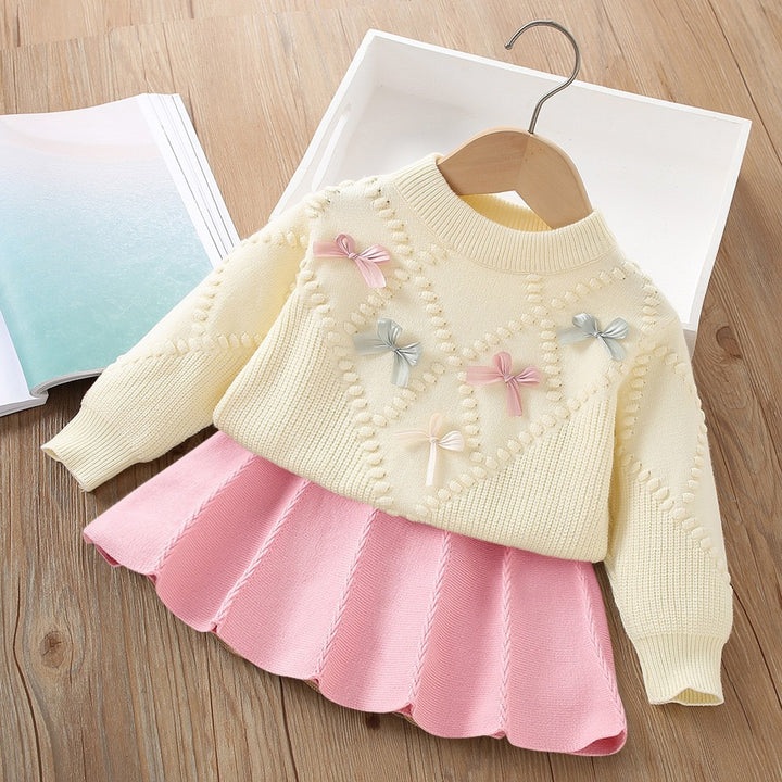 Sweet bowknot knitted sweater&skirt 2pcs set for girls