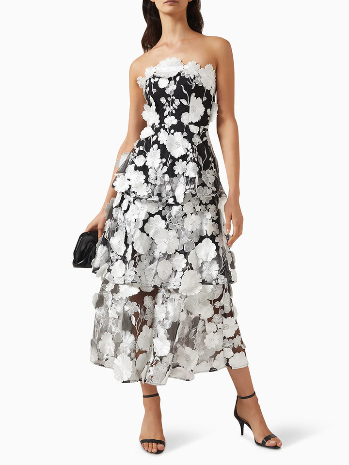 Tube top 3D stitching flower ruffle layered dress