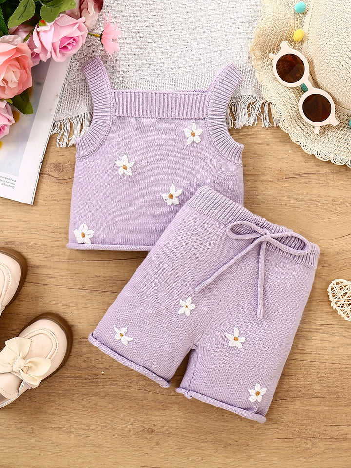 Baby girls sweet floral embroidered knitted top&shorts set