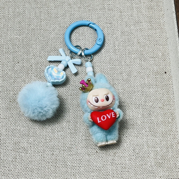 Holding love heart Flocked labubu keychain bag pendant