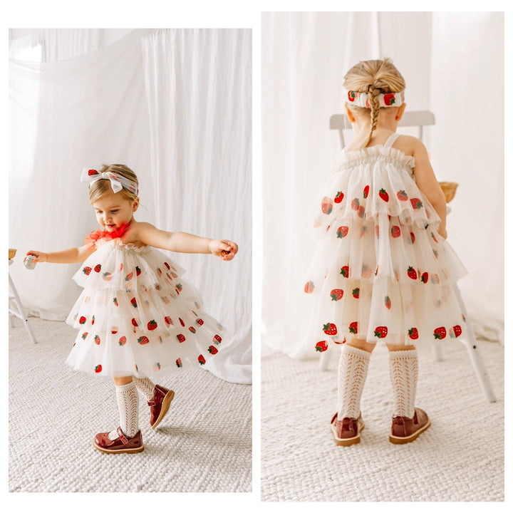 Girls Strawberry embroidery layered mesh tutu dress