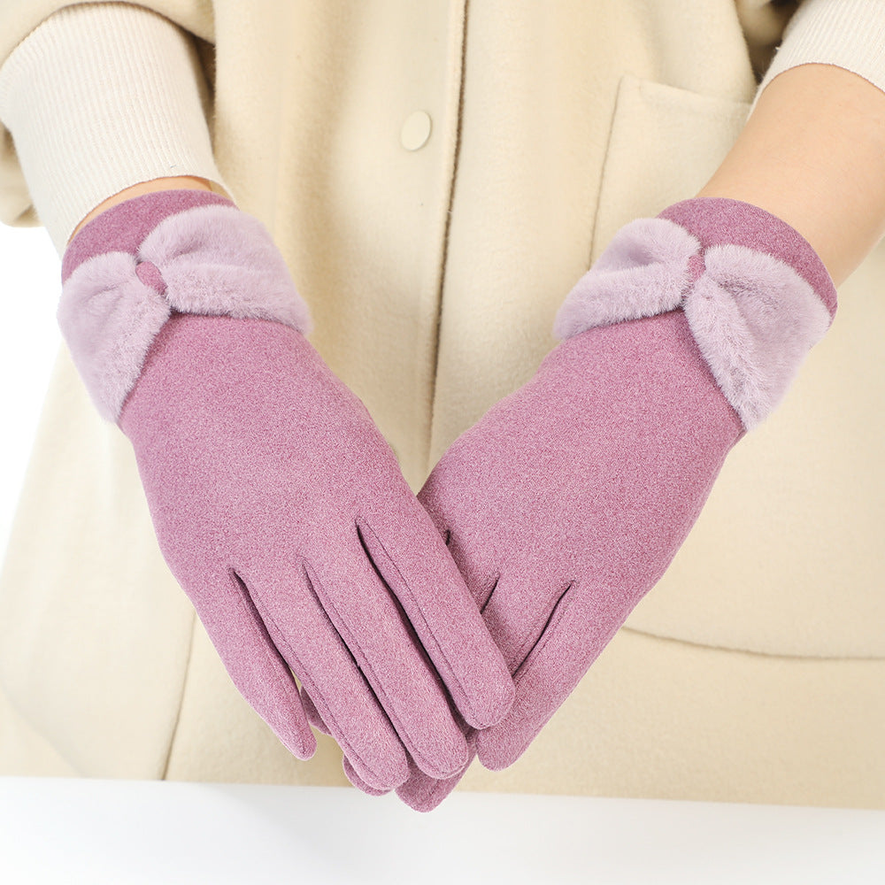 Women's winter gloves fleece-lined bow gloves
