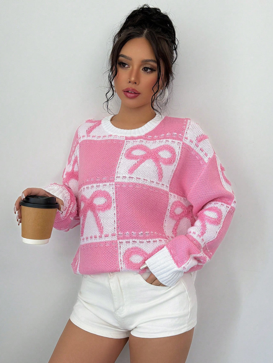 Sweet Christmas pink bow sweater for women