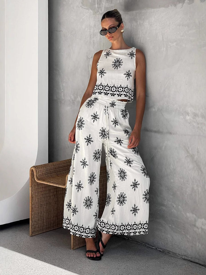Boho Linen tank top&Wide Leg Pants Set