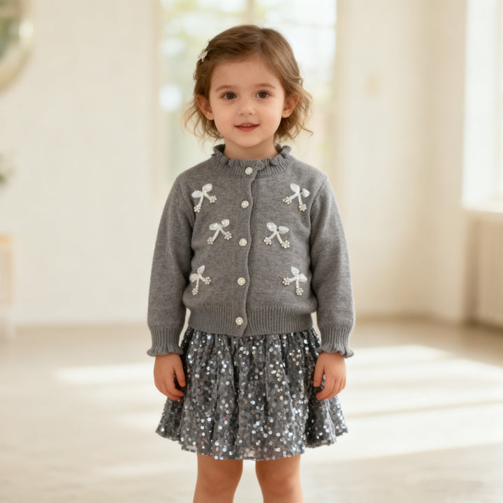 Sequin embroidery bow knitted cardigan sweater&skirt 2pcs set