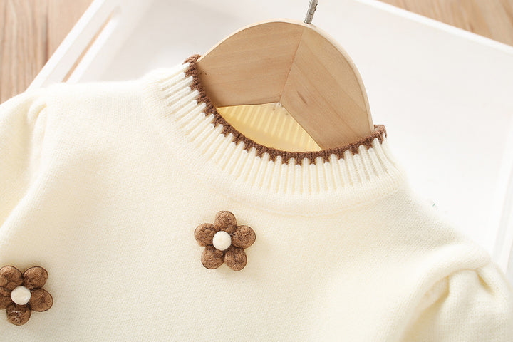 Girls flower knitted sweater&pleated skirt 2pcs set