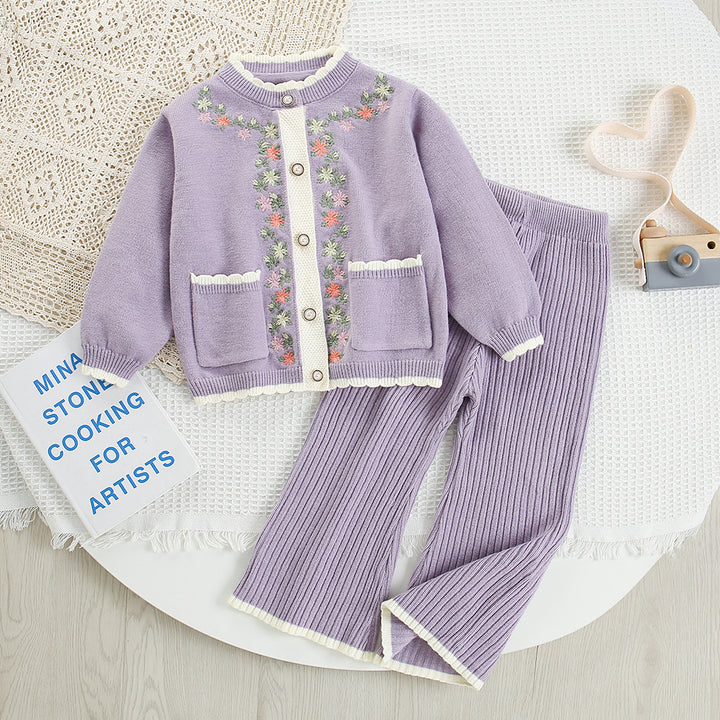 Girls Embroidered Flower Knitted Cardigan&Pants 2pcs Set