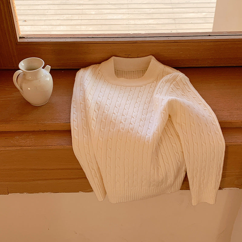 Children's solid color twist round neck knitted sweater