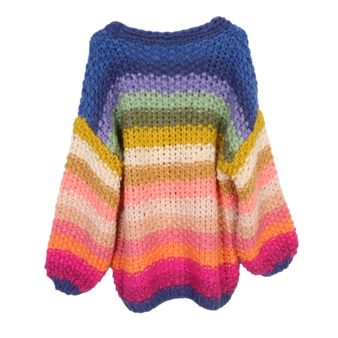 Rainbow striped handmade flower thick sweater cardigan