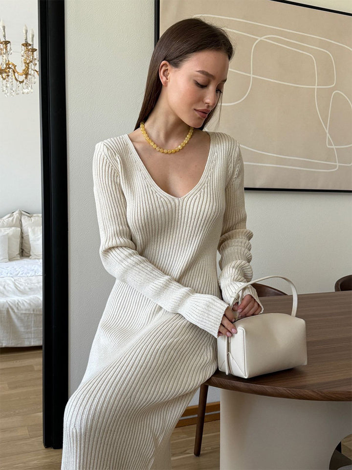 V-neck slim knitted maxi dress sweater dress