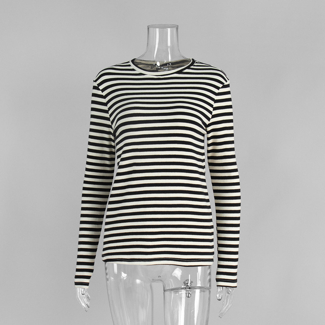 Striped slim round neck cotton bottoming shirt for women