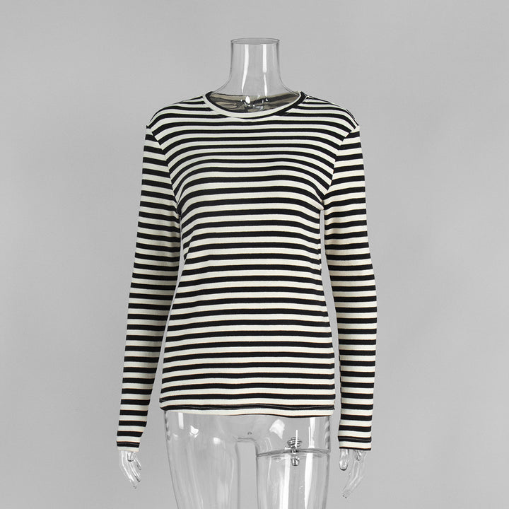 Striped slim round neck cotton bottoming shirt for women