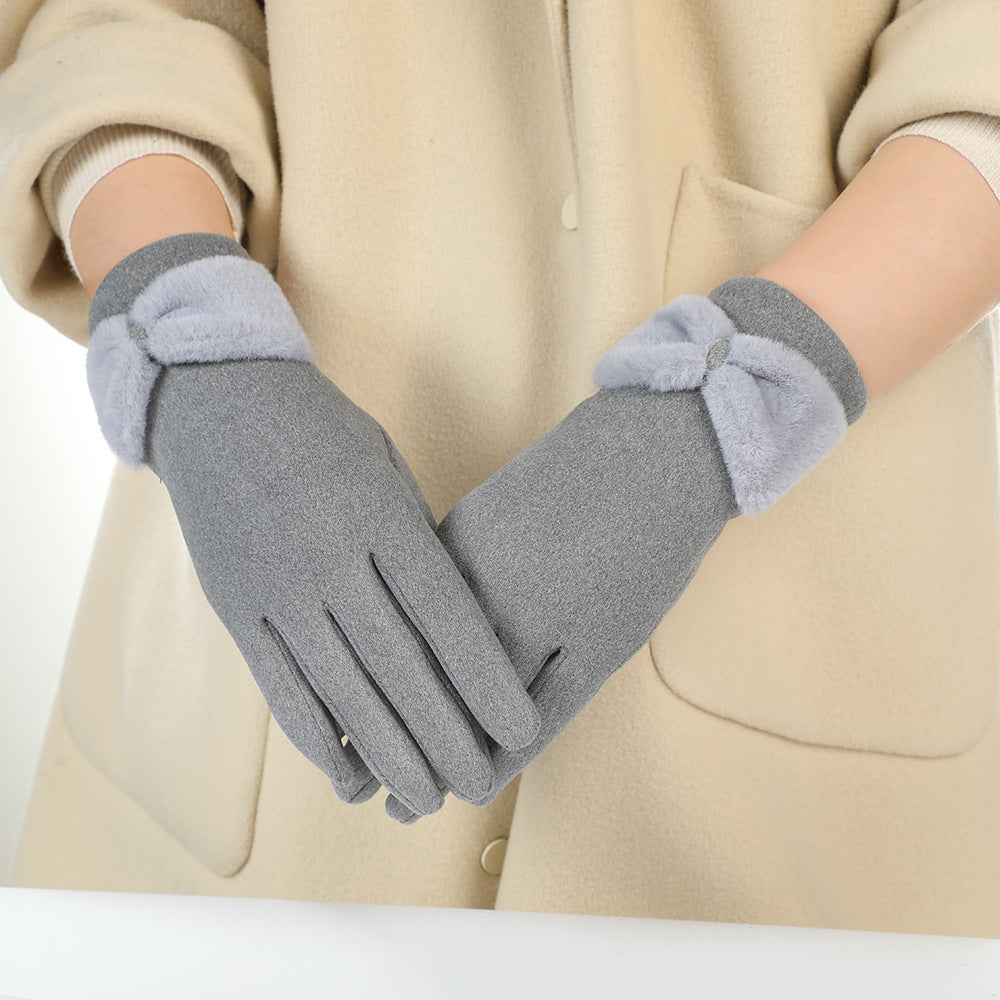 Women's winter gloves fleece-lined bow gloves