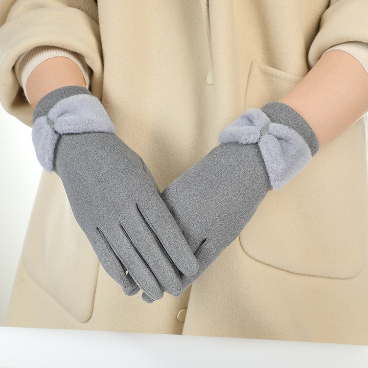 Women's winter gloves fleece-lined bow gloves