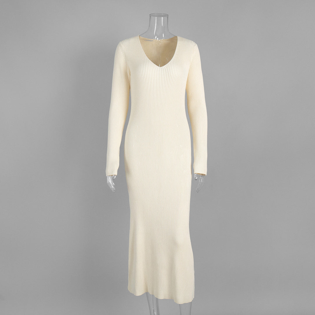 V-neck slim knitted maxi dress sweater dress