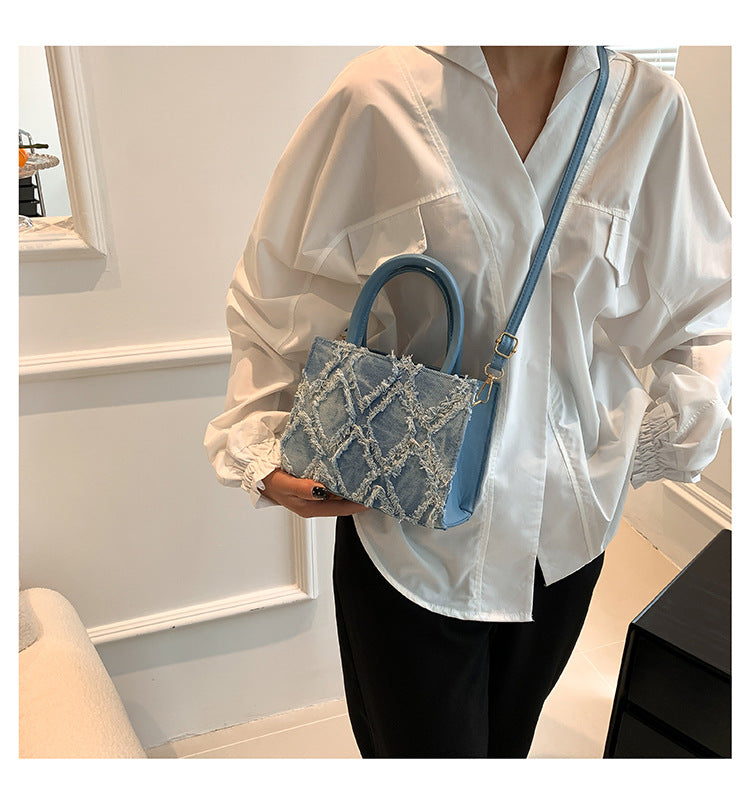 Retro denim diamond pattern tassel shoulder bag crossbody bag