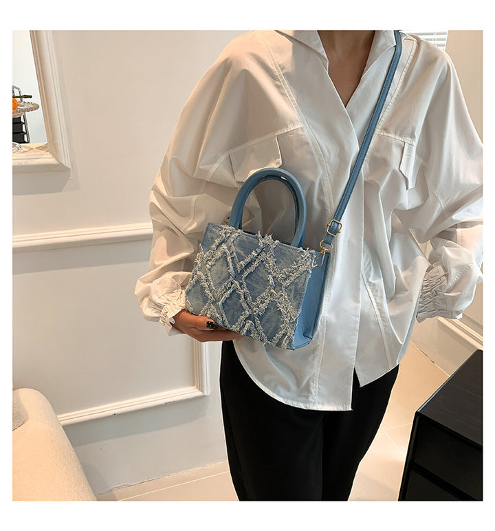 Retro denim diamond pattern tassel shoulder bag crossbody bag