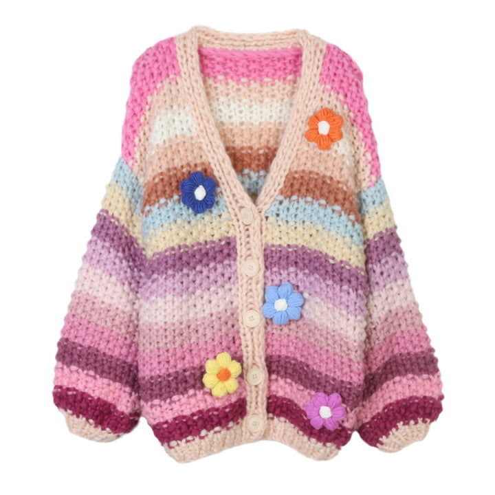 Rainbow striped handmade flower thick sweater cardigan