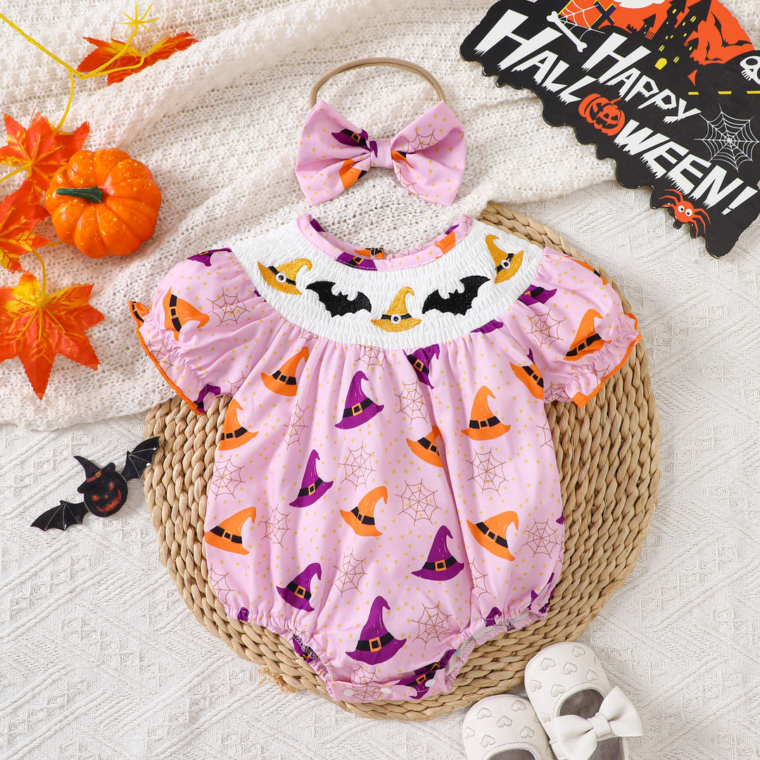 Halloween BOO Pumpkin Embroidery orange smocked Romper