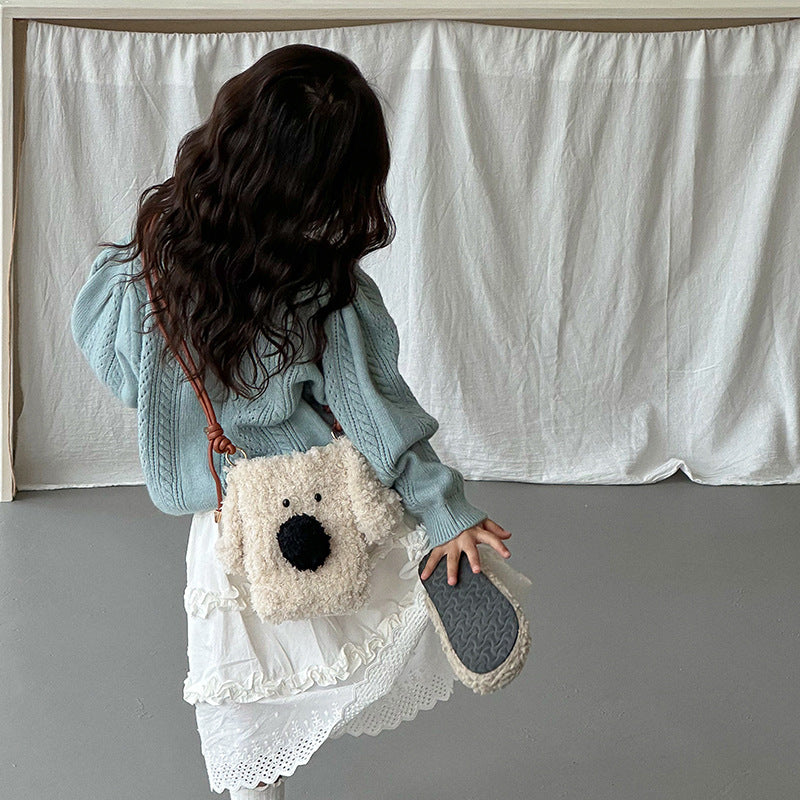 Hand-crocheted furry puppy plush crossbody bag for kids
