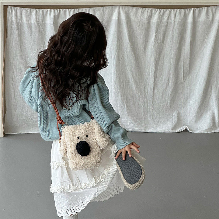 Hand-crocheted furry puppy plush crossbody bag for kids