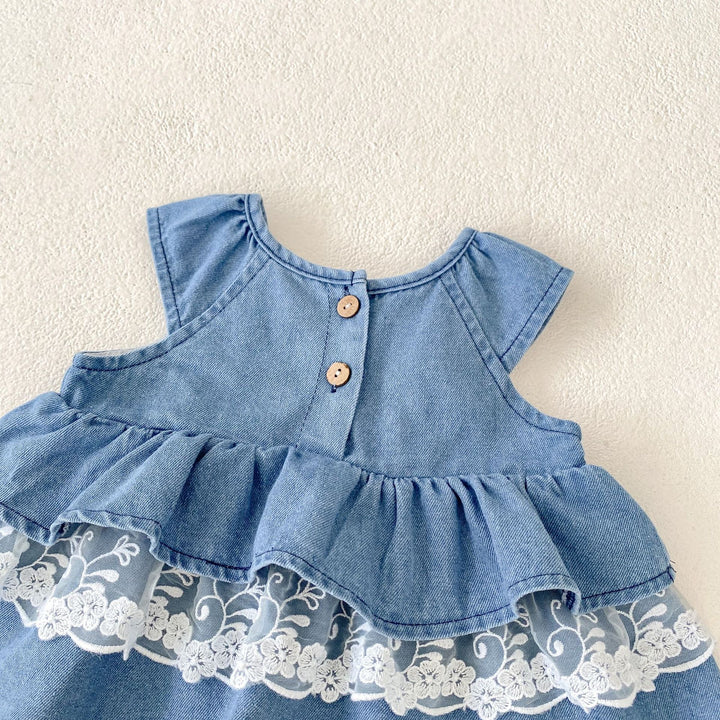 Baby denim lace splicing top&bubble short 2pcs set