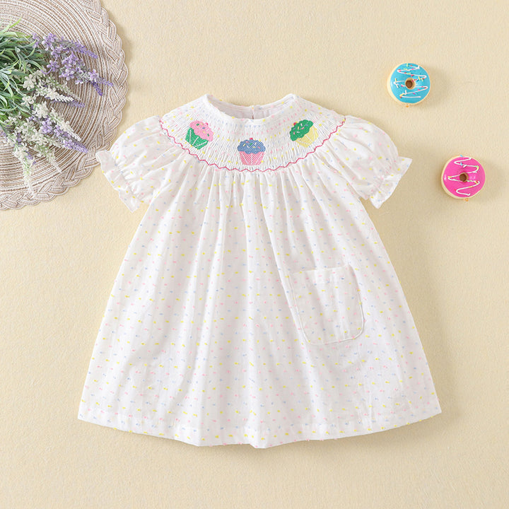 Cake embroidery smocked dress with puff sleeves