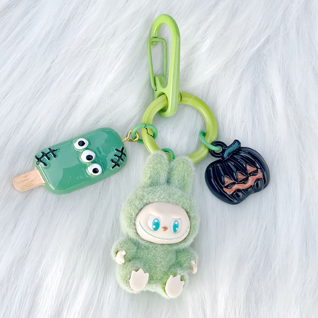 Halloween flocking mini Labubu keychain bag pendant