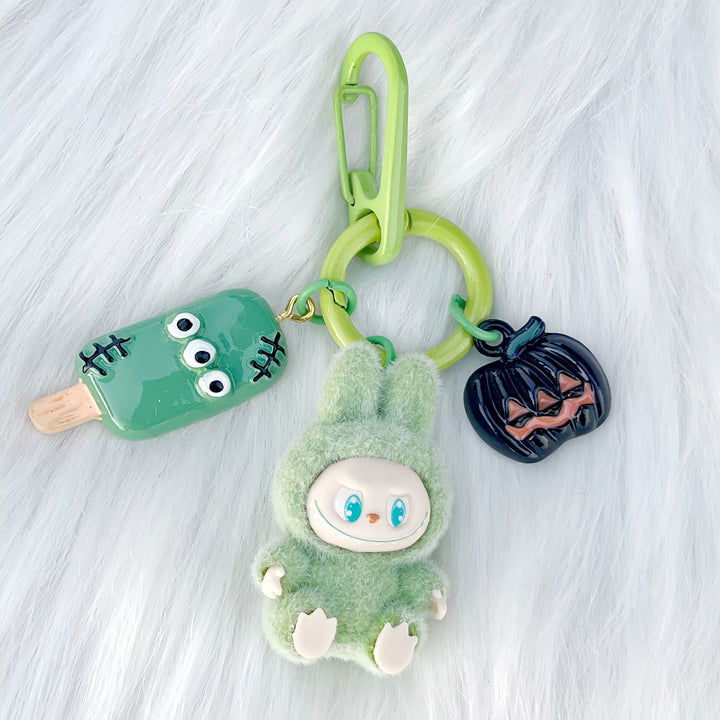 Halloween flocking mini Labubu keychain bag pendant