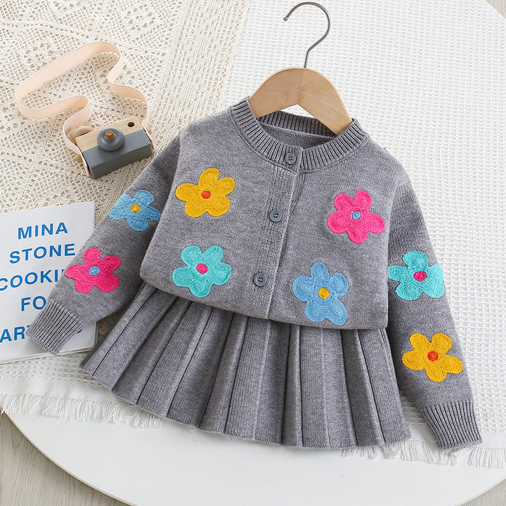 Colorful floral knitted cardigan&Pleated Skirt 2pcs set