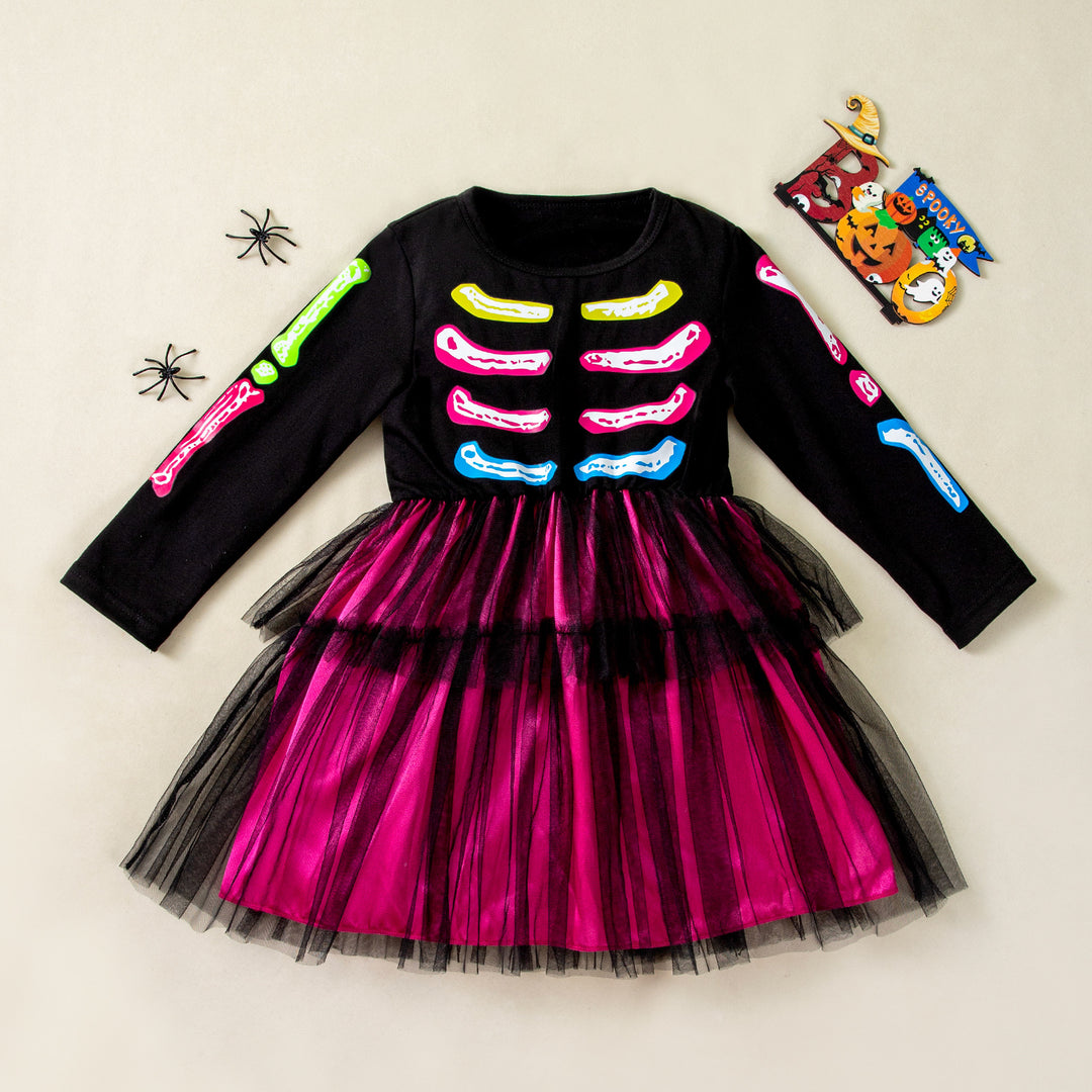Halloween Girls Long Sleeve Mesh Splicing Dress