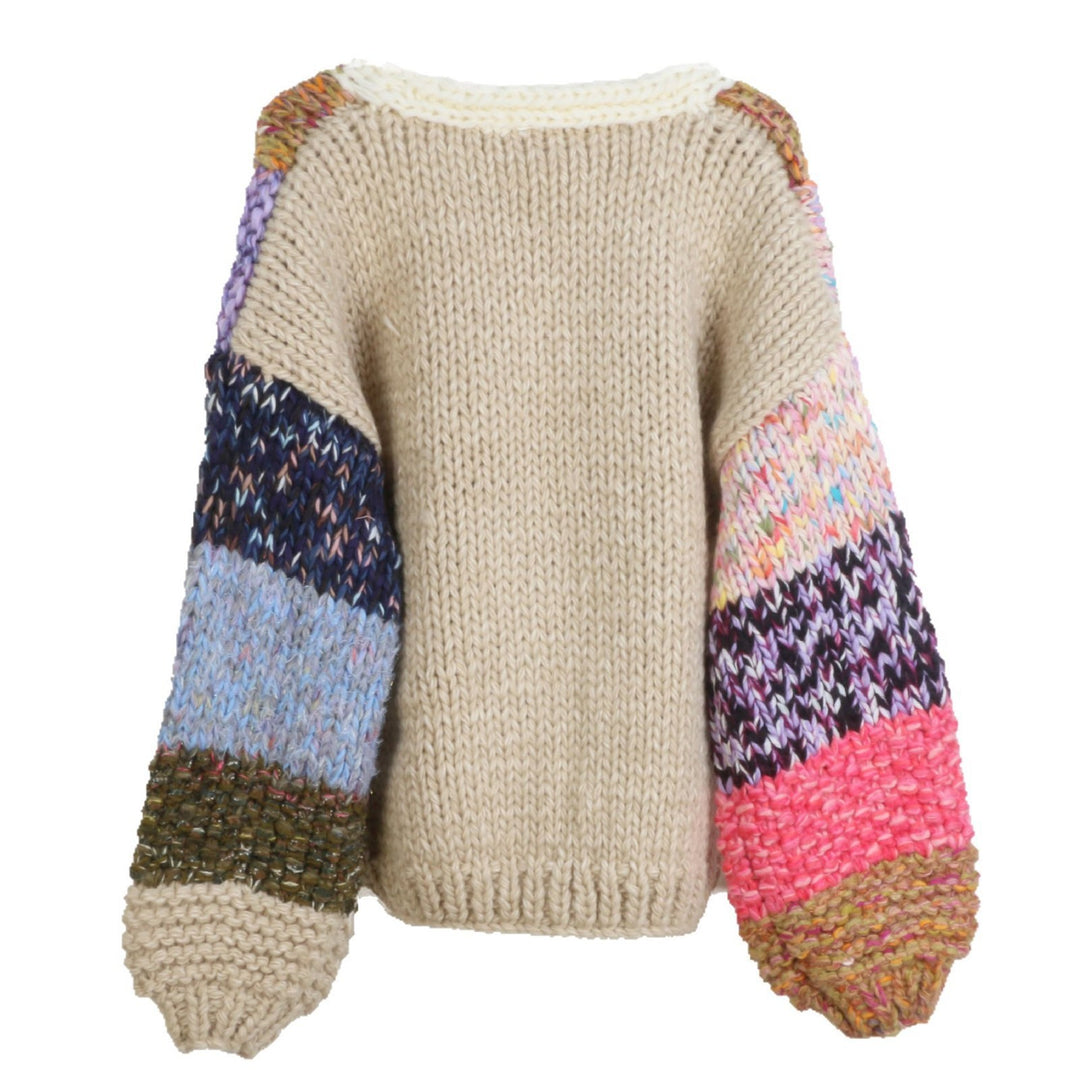 Loose color patchwork V-neck knitted sweater cardigan