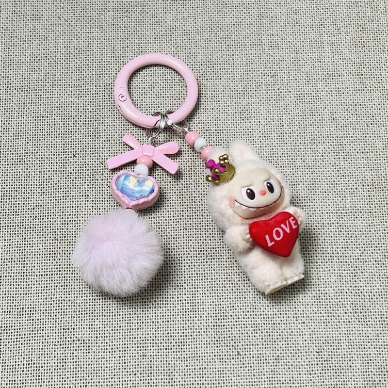 Holding love heart Flocked labubu keychain bag pendant