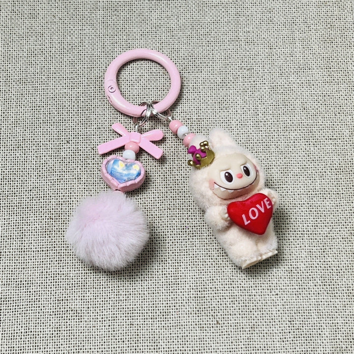 Holding love heart Flocked labubu keychain bag pendant