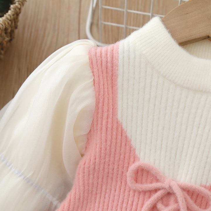 Girls puff sleeve knitted sweater skirt