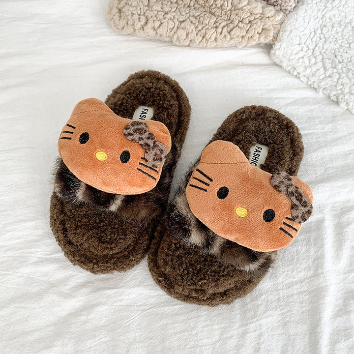 Leopard  kitty plush home slippers furry slippers for girls