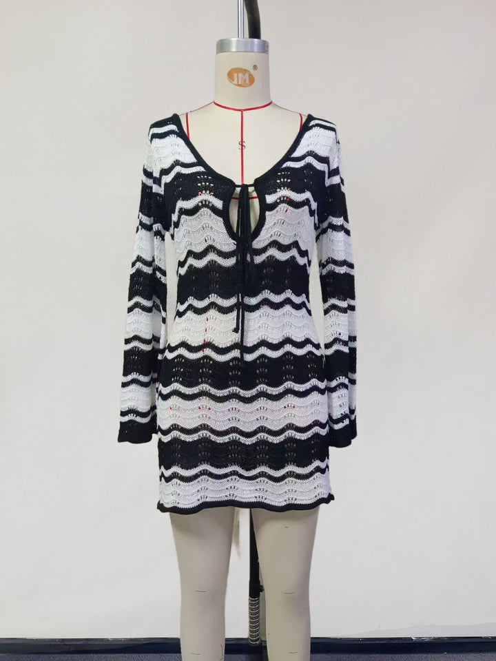 Striped Hollow Beach Swimsuit Cover Up