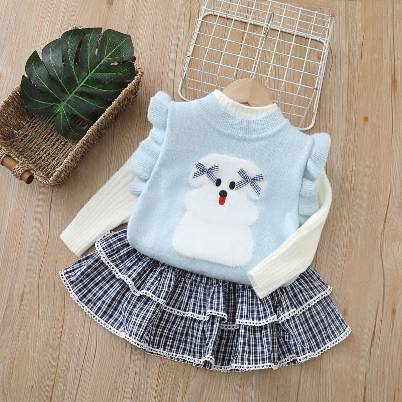 Cute Puppy Jacquard Knitted Vest Sweater skirt 3pcs set
