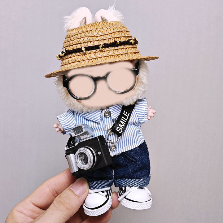 Labubu Striped shirt&denim pant straw hat 6pcs set