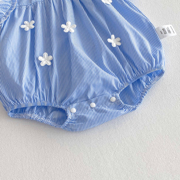 Baby girl summer sleeveless blue&white striped lapel romper