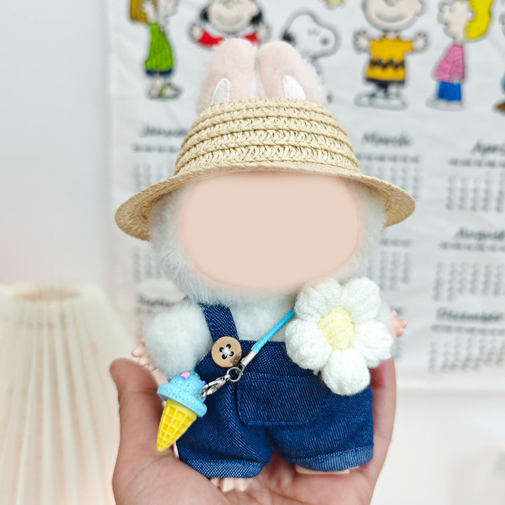 Labubu cute Straw hat&denim overalls set dolls clothes