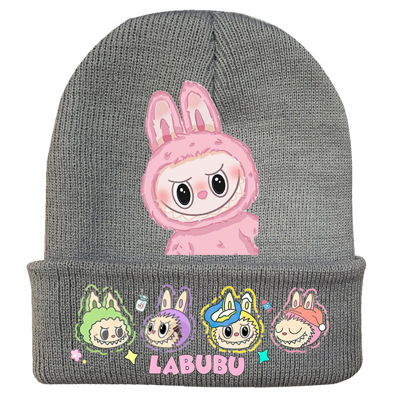 Cute monster printed knitted beanie hat-gray
